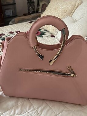Women’s Pink Structured Top-Handle Bag with Gold Trim